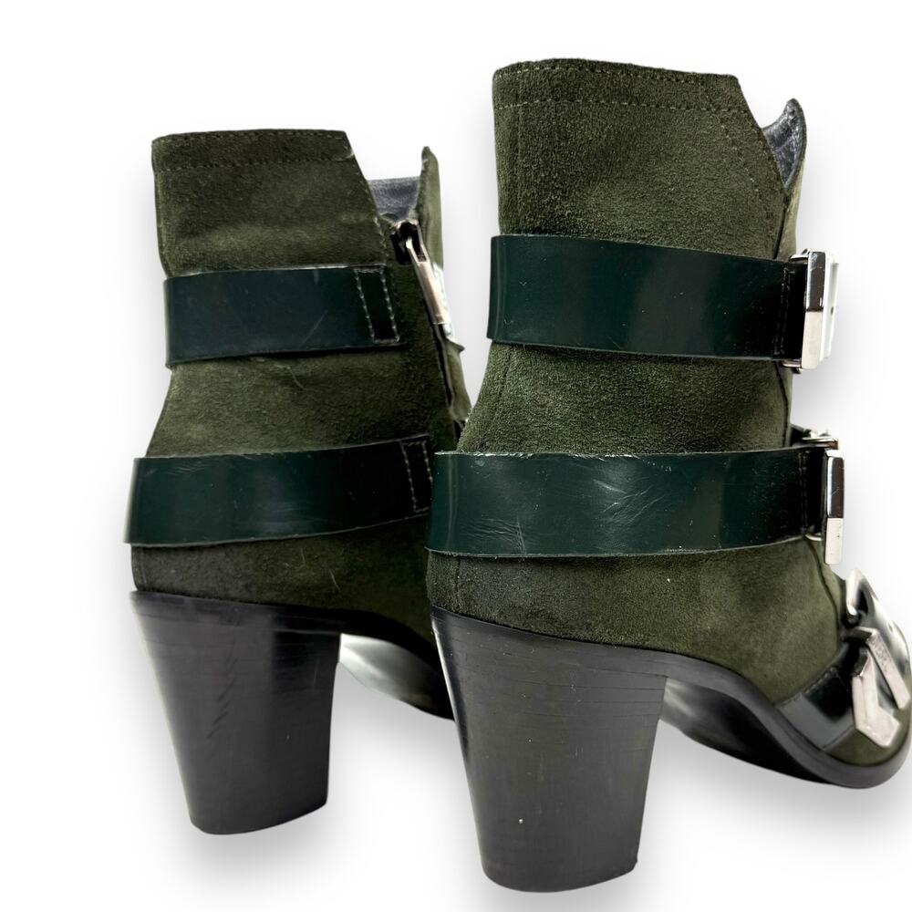 DIESEL green suede strapped buckle heeled pointed toe boots - Picture 15 of 16